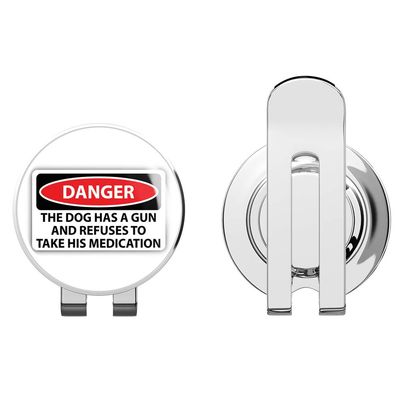 888 Graphics Danger The Dog Has A Gun Sign Warning Golf Hat Clip with Magnetic Ball Marker