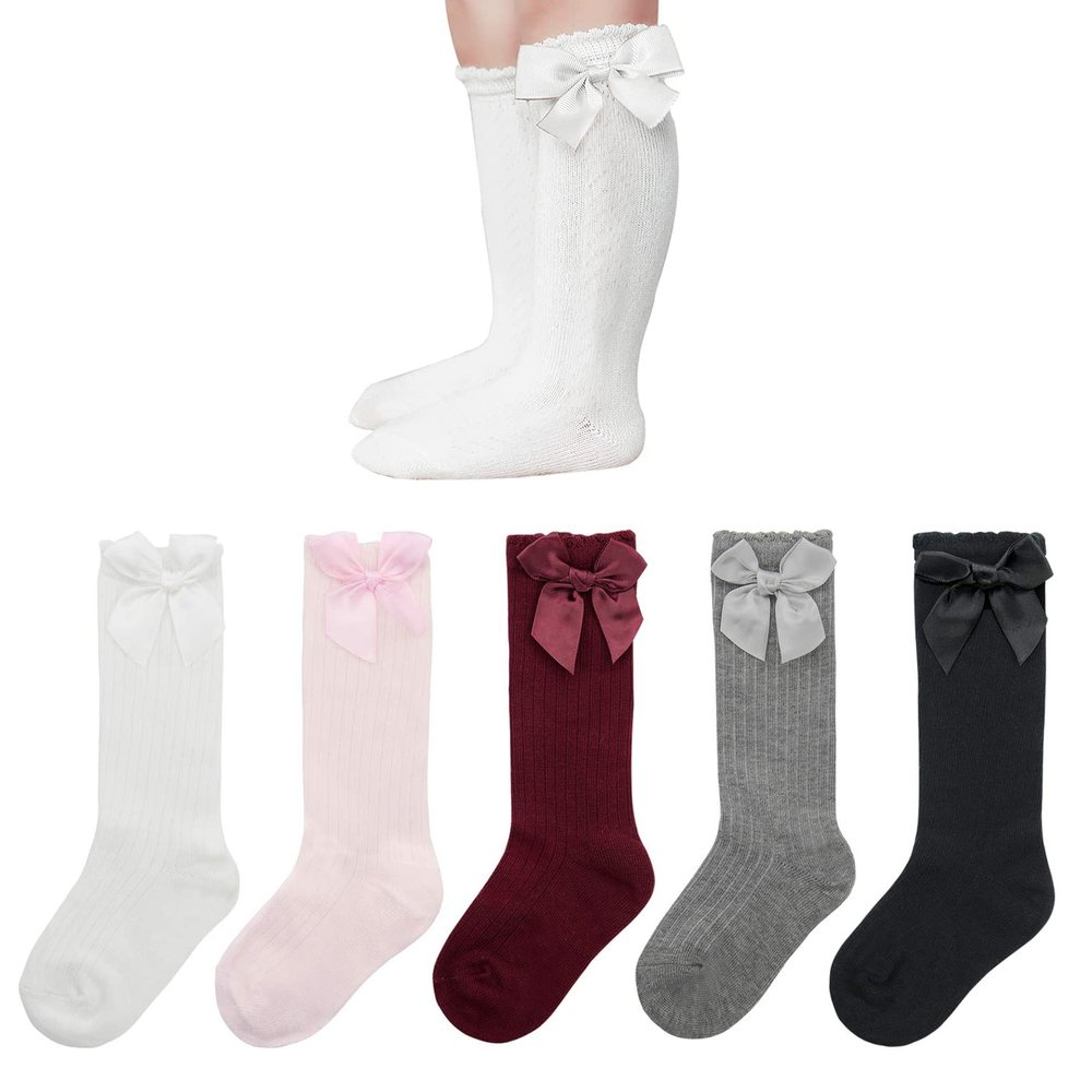 American Trends Baby Knee High Socks Tube Long Stockings for Girls Boys Newborn Infants Toddlers Ruffled Uniform Socks Bow-Knot 3-12 Months
