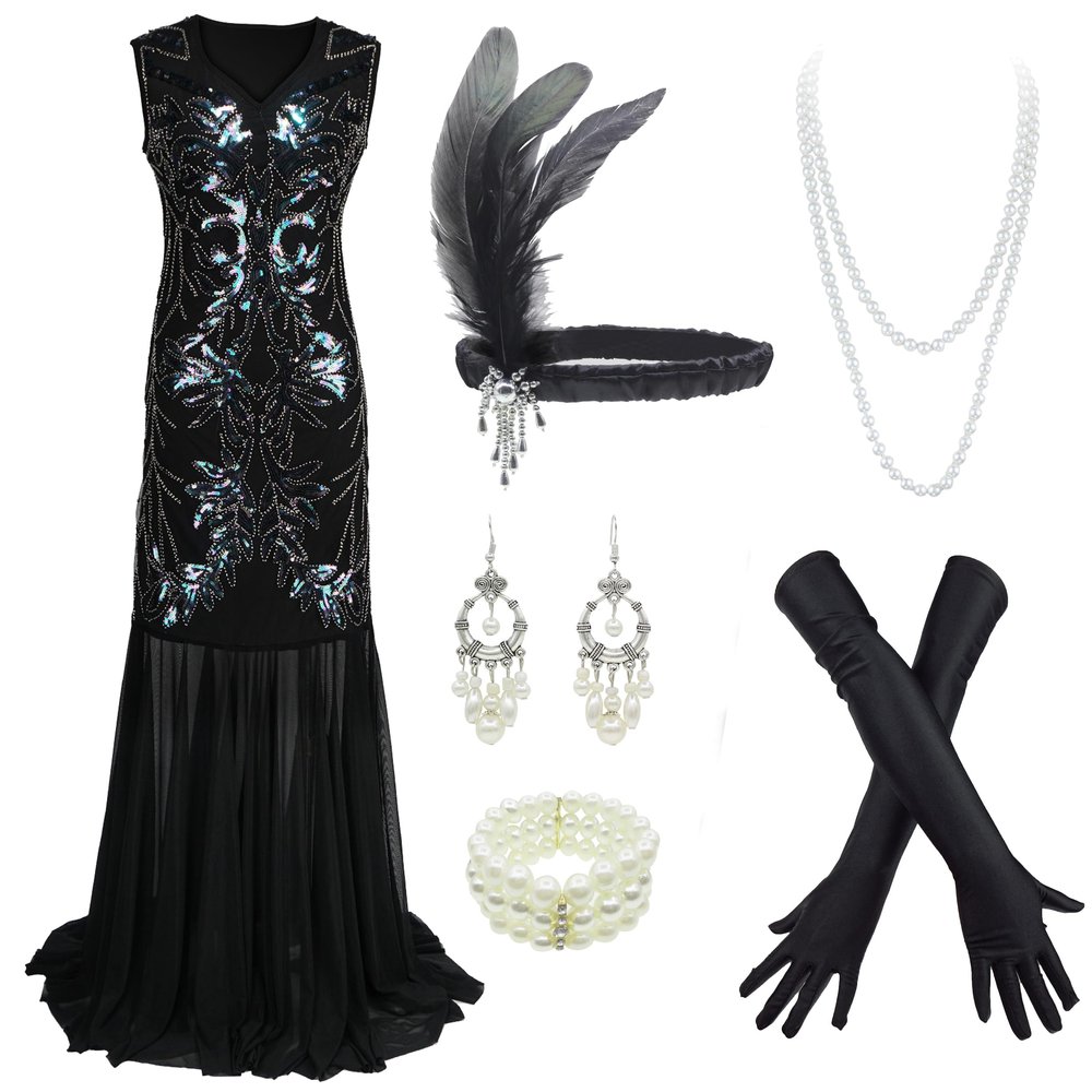 1920s Long Prom Dresses V Neck Beaded Sequin Maxi Dress with Accessories Set (Medium, Black2)