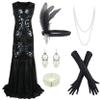 1920s Long Prom Dresses V Neck Beaded Sequin Maxi Dress with Accessories Set (Medium, Black2) view 1