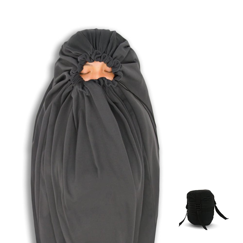 All Season Fleece Sleeping Bag Liner Lightweight Mummy Sleeping Sack for Cold Weather and Winter Backpacking, Camping, Traveling with Drawstring Hood(E629B)