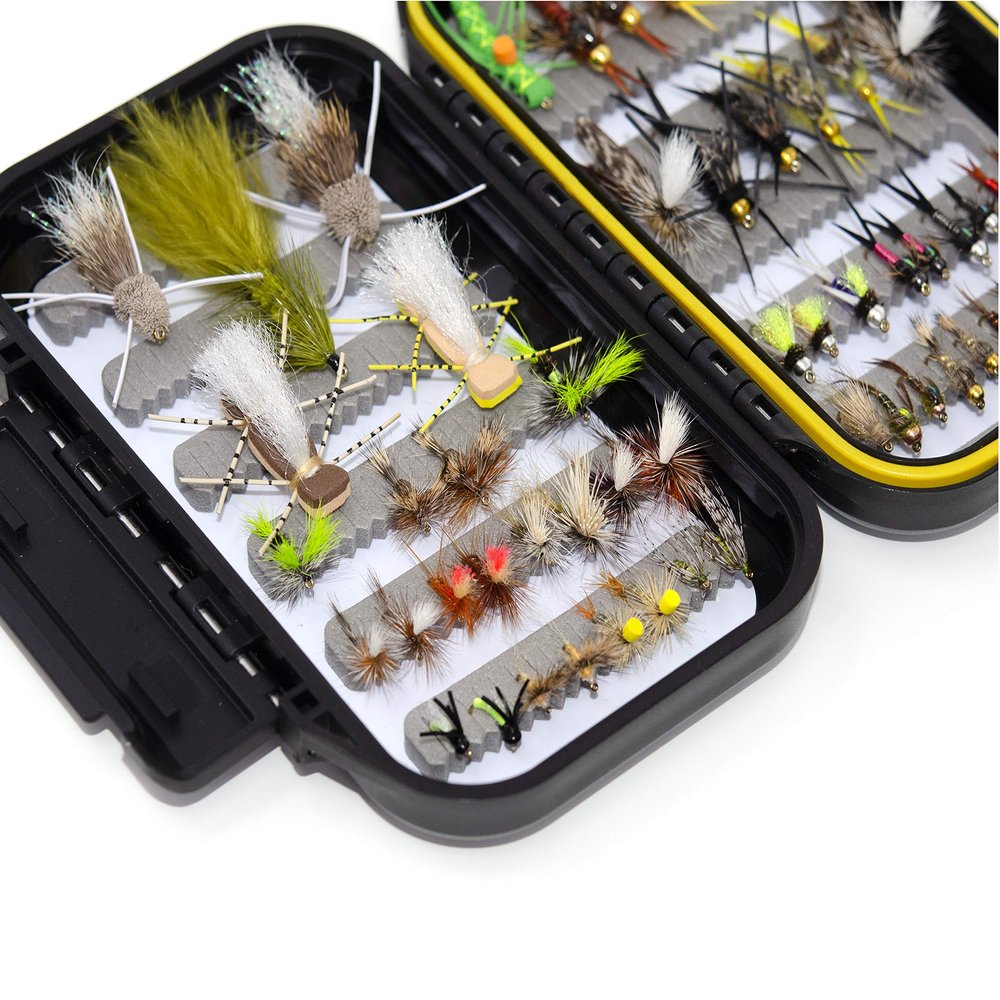 56 Assorted Trout Fly Fishing Flies Kit | Waterproof Fly Fishing Box | Nymphs, Stone, Dry Flies, Streamer, Hopper