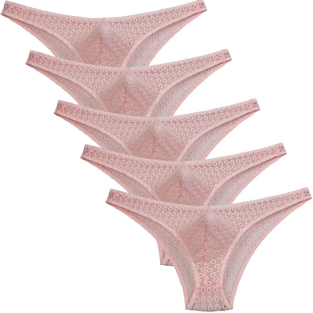 JAXFSTK 5-Pack Men's Hollow Lace Bikini Briefs Underwear Sissy Cheeky Briefs See-through Underpants Light Pink M