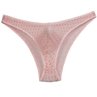 JAXFSTK Men's Hollow Lace Bikini Briefs Underwear Sissy Cheeky Briefs See-through Underpants Light Pink M