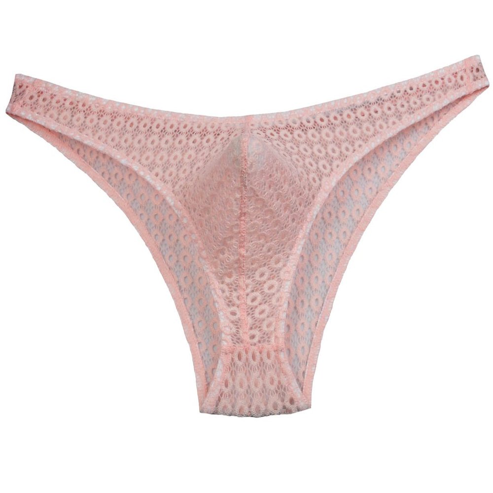 JAXFSTK Men's Hollow Lace Bikini Briefs Underwear Sissy Cheeky Briefs See-through Underpants Light Pink M