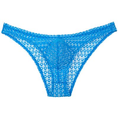 JAXFSTK Men's Hollow Lace Bikini Briefs Underwear Sissy Cheeky Briefs See-through Underpants Lake Blue M