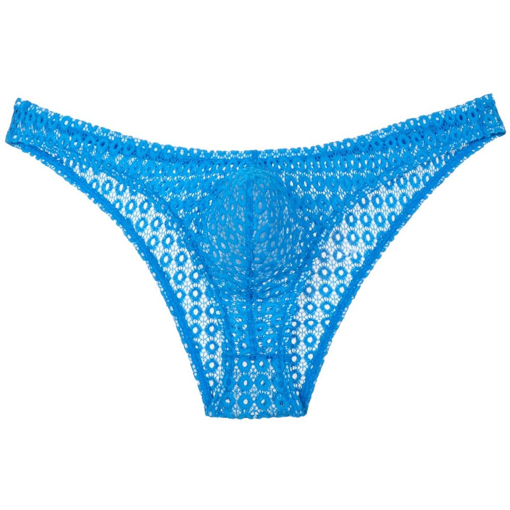 JAXFSTK Men's Hollow Lace Bikini Briefs Underwear Sissy Cheeky Briefs See-through Underpants Lake Blue M