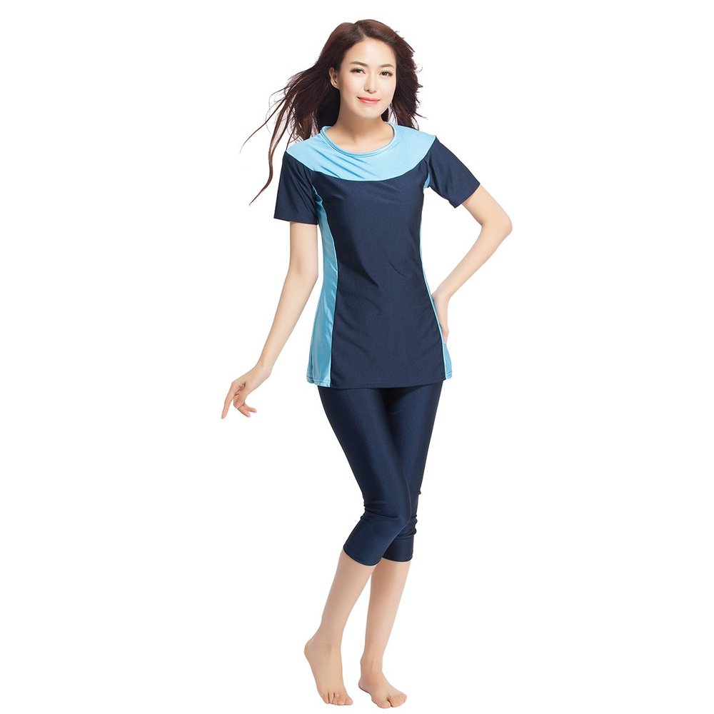HANYIMIDOO Womens Muslim Short Sleeve Burkini 2-Pieces Swimsuit (XXX-Large, Navy Blue)