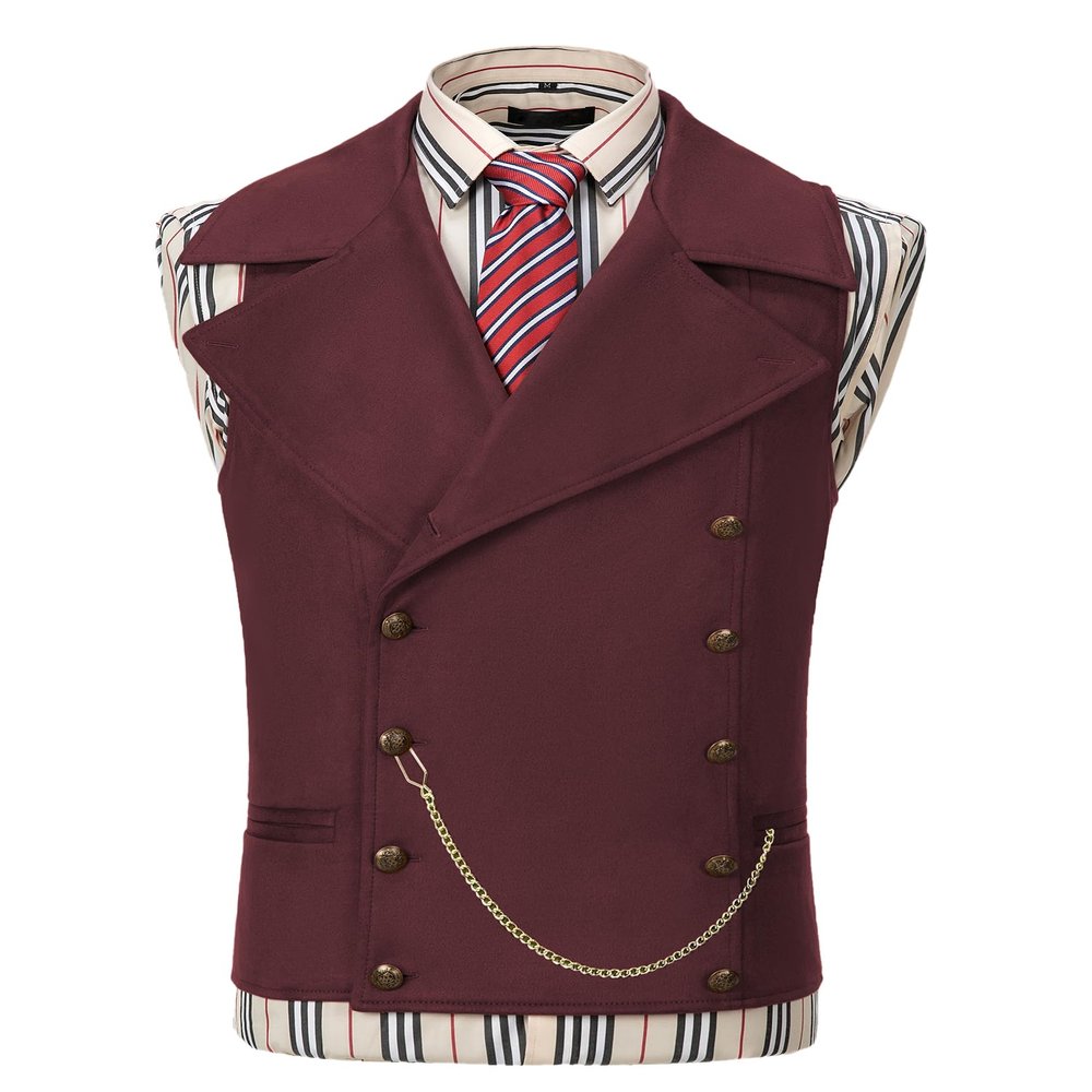 Ceehuteey Mens Suit Suede Double Breasted Vest Classic Groomsmen Wedding Waistcoat Leather Big Lapel(S,Burgundy)