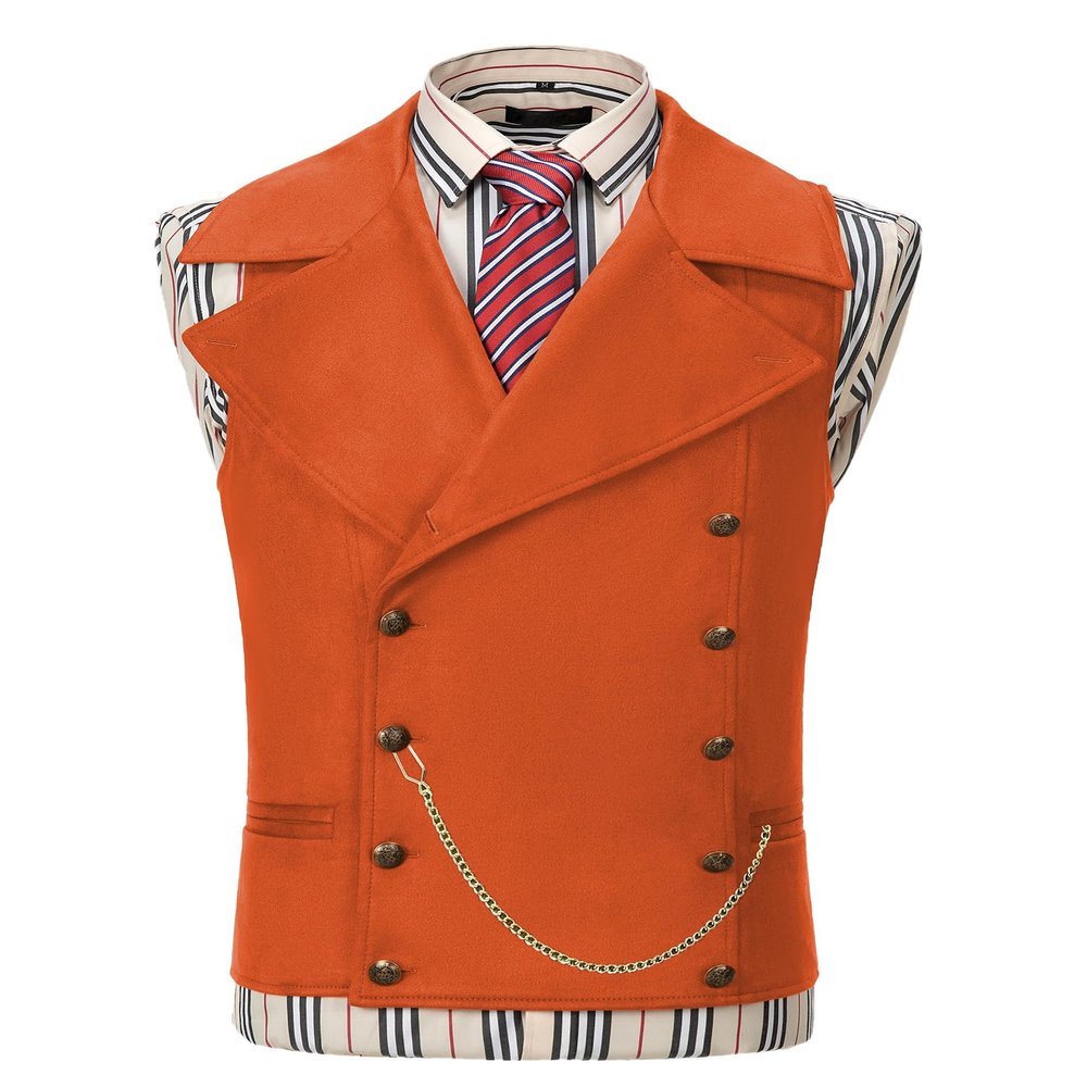 Ceehuteey Mens Suit Suede Double Breasted Vest Classic Groomsmen Wedding Waistcoat Leather Big Lapel(XL,Orange)