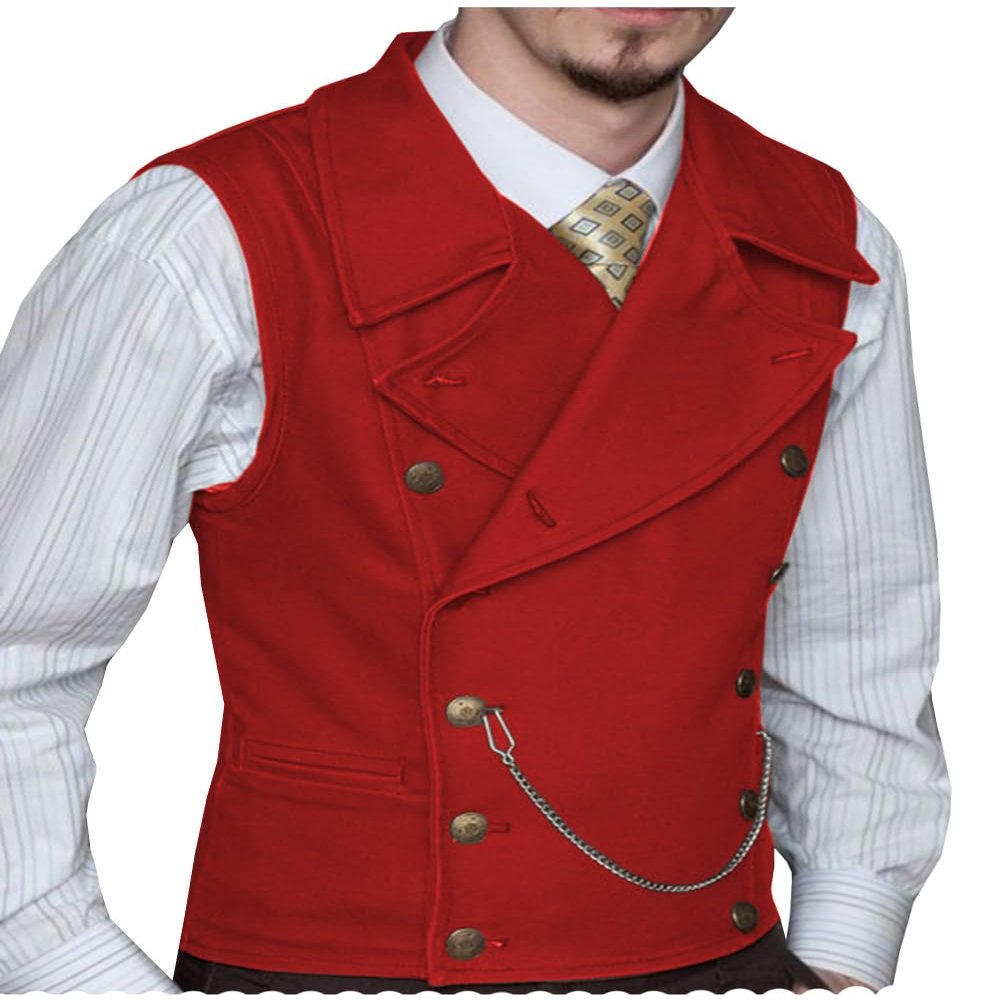 Ceehuteey Mens Suit Suede Double Breasted Vest Classic Groomsmen Wedding Waistcoat Leather Big Lapel(L,Red)