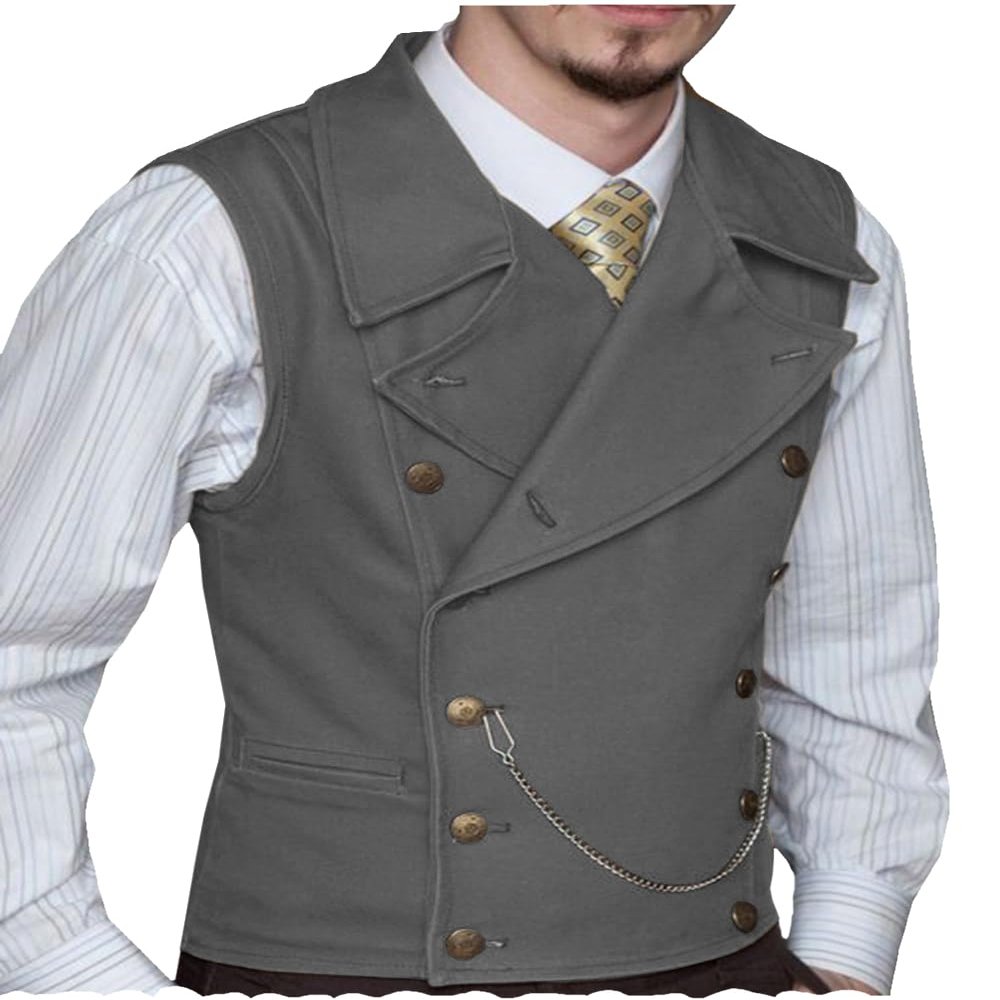Ceehuteey Mens Suit Suede Double Breasted Vest Classic Groomsmen Wedding Waistcoat Leather Big Lapel(S,Grey)