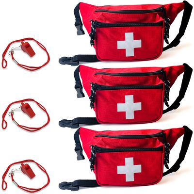 ASA TECHMED 3 Pack Lifeguard Fanny Pack With Whistle Lanyard - Baywatch Style First Aid Hip Pack w/Adjustable Strap, Cross Logo + Zipper Pouch, Emergency Equipment Set