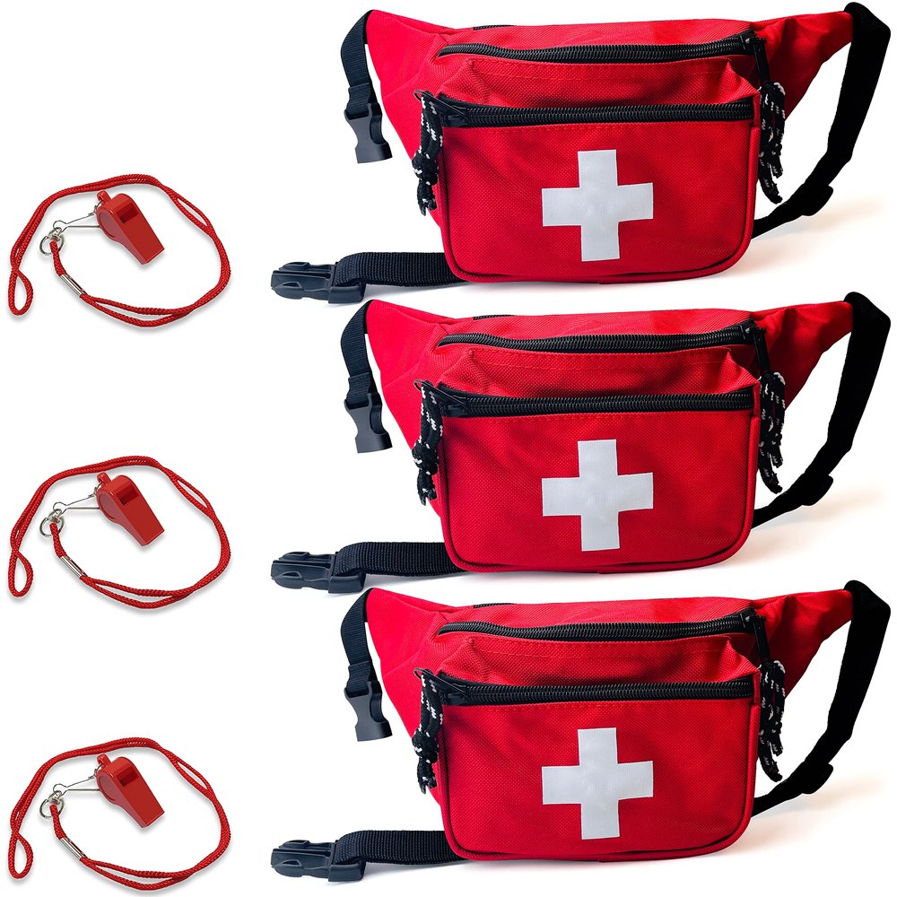 ASA TECHMED 3 Pack Lifeguard Fanny Pack With Whistle Lanyard - Baywatch Style First Aid Hip Pack w/Adjustable Strap, Cross Logo + Zipper Pouch, Emergency Equipment Set