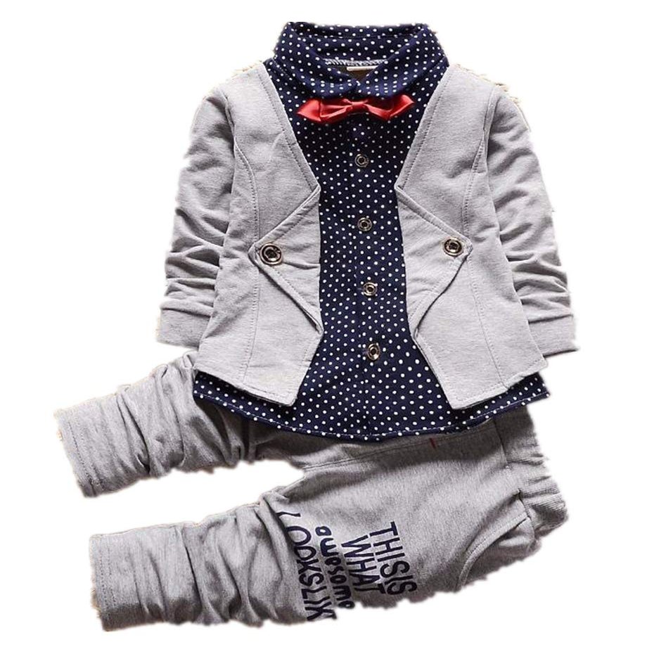 2pcs Baby Boy Dress Clothes Toddler Outfits Infant Tuxedo Formal Suits Set Shirt + Pants (Grey, 12-18 Months)
