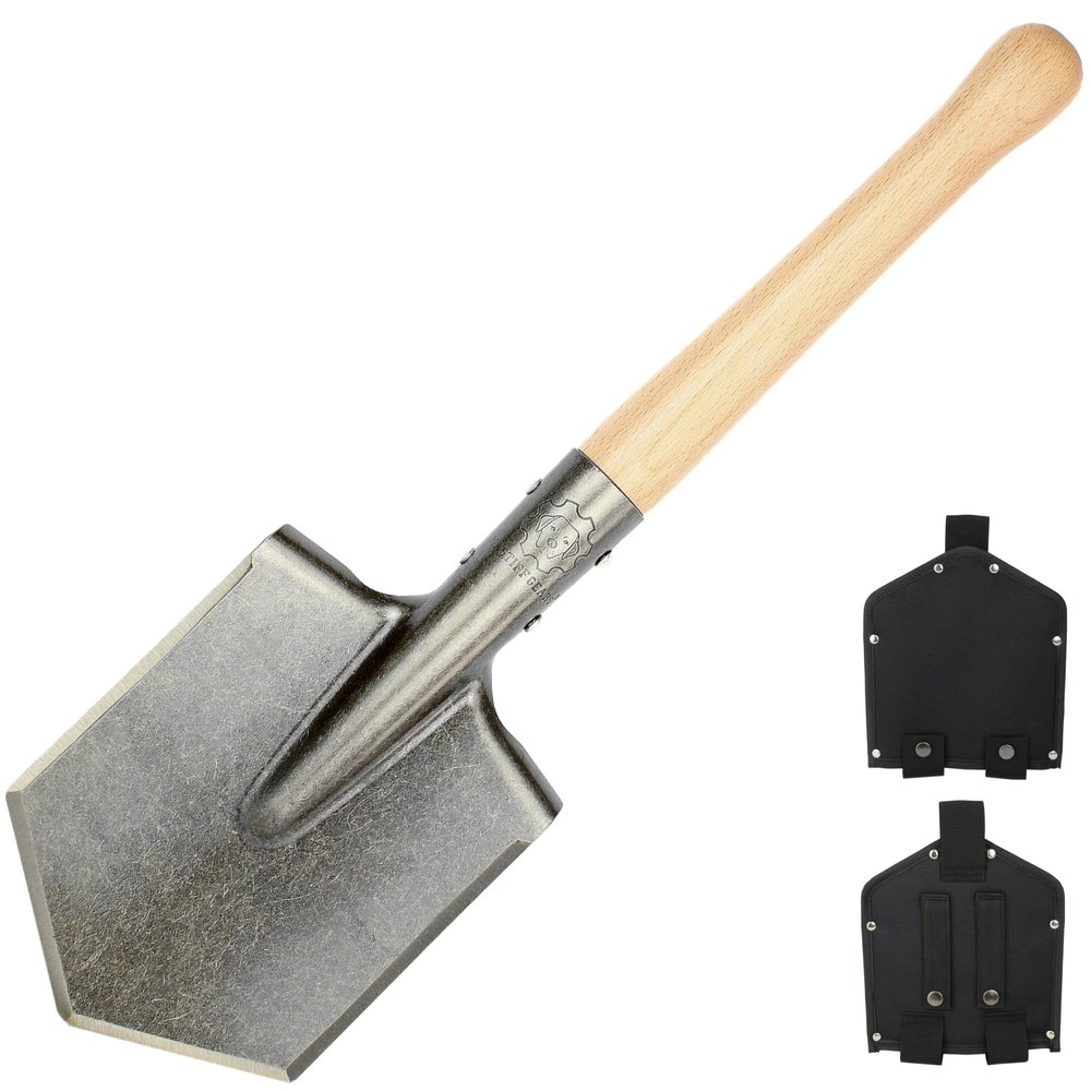 MASTIFF GEARS Battle Wolf Military-Grade Survival Shovel - Heavy Duty Carbon Steel w/Hardwood Handle | All-Weather for Camping, Hiking, Off-Road, Emergency | Digs Dirt/Sand/Snow/Mud (Battle Wolf)