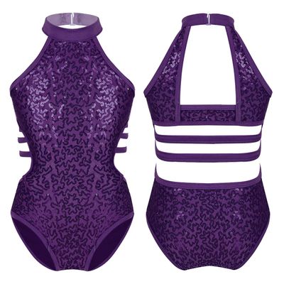 Alvivi Kids Girls Sequins Halter Strappy Back Ballet Dance Gymnastics Leotard Ballerina Dance Training Outfit Bodysuit Purple 10 Years