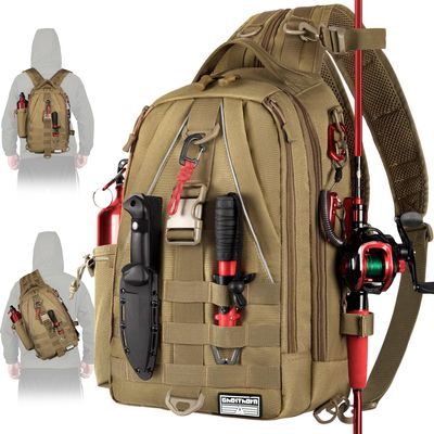Ghosthorn Fishing Backpack Tackle Sling Bag-Backpack with Rod Holder- Lightweight Tackle Box Fly Fishing Gifts for Men Women (Large Khaki)