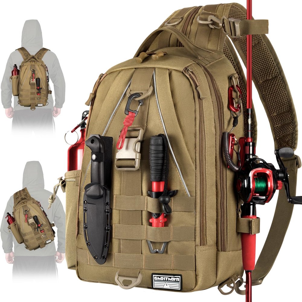 Ghosthorn Fishing Backpack Tackle Sling Bag-Backpack with Rod Holder- Lightweight Tackle Box Fly Fishing Gifts for Men Women (Large Khaki)