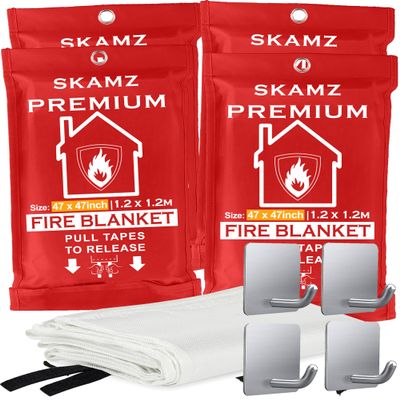 SKAMZ Fire Blanket 4 Pack - 47" x 47" Prepared Emergency Fire Blanket for Home and Kitchen, RV, Grill, Fireplace, Safe & Easy for Young Adults and Elderly