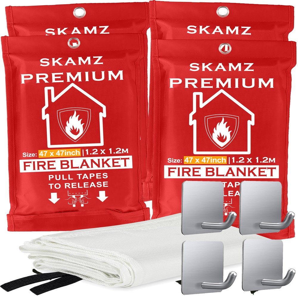 SKAMZ Fire Blanket 4 Pack - 47" x 47" Prepared Emergency Fire Blanket for Home and Kitchen, RV, Grill, Fireplace, Safe & Easy for Young Adults and Elderly