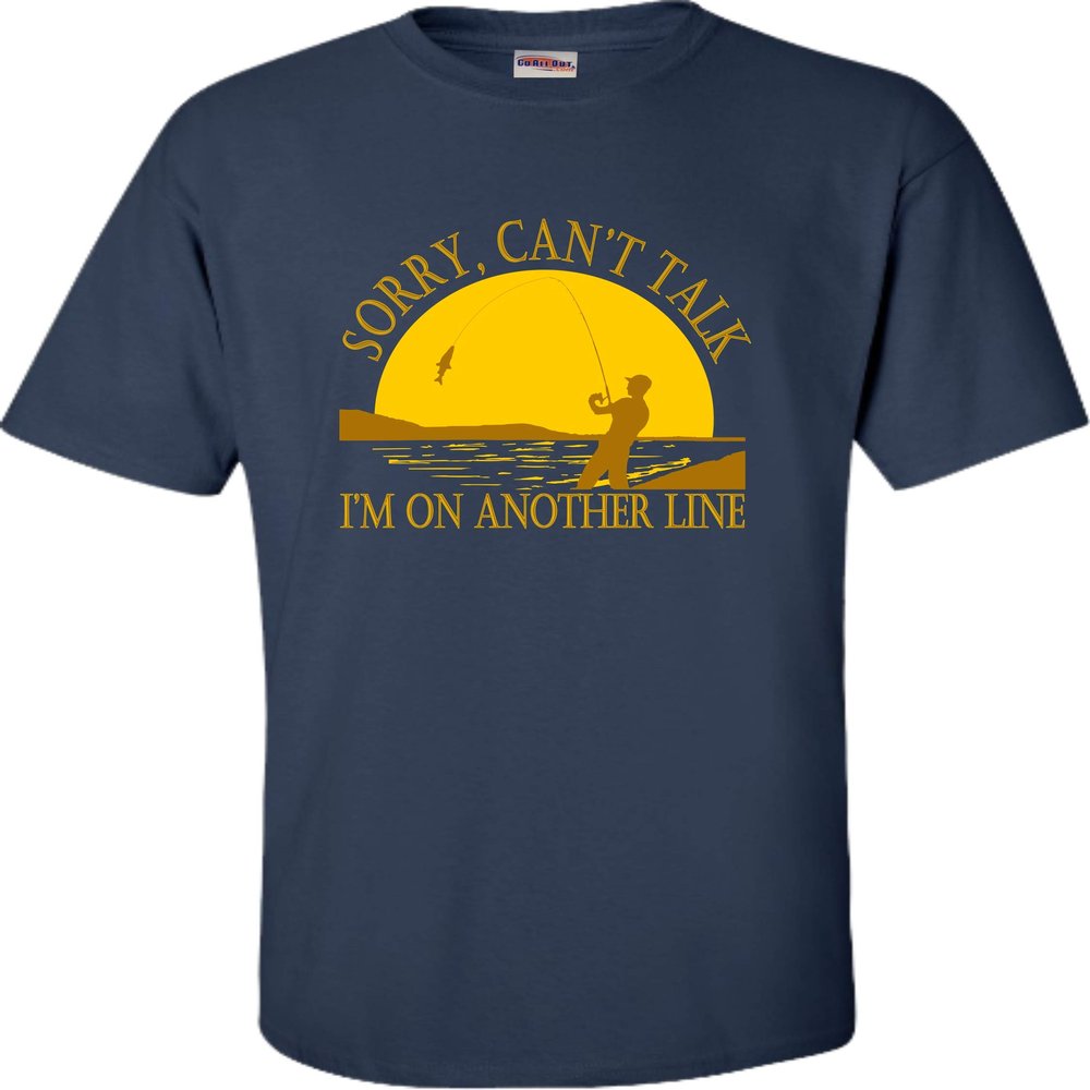 Go All Out XX-Large Navy Blue Adult Sunset Sorry Can't Talk I'm On Another Line Fishing T-Shirt