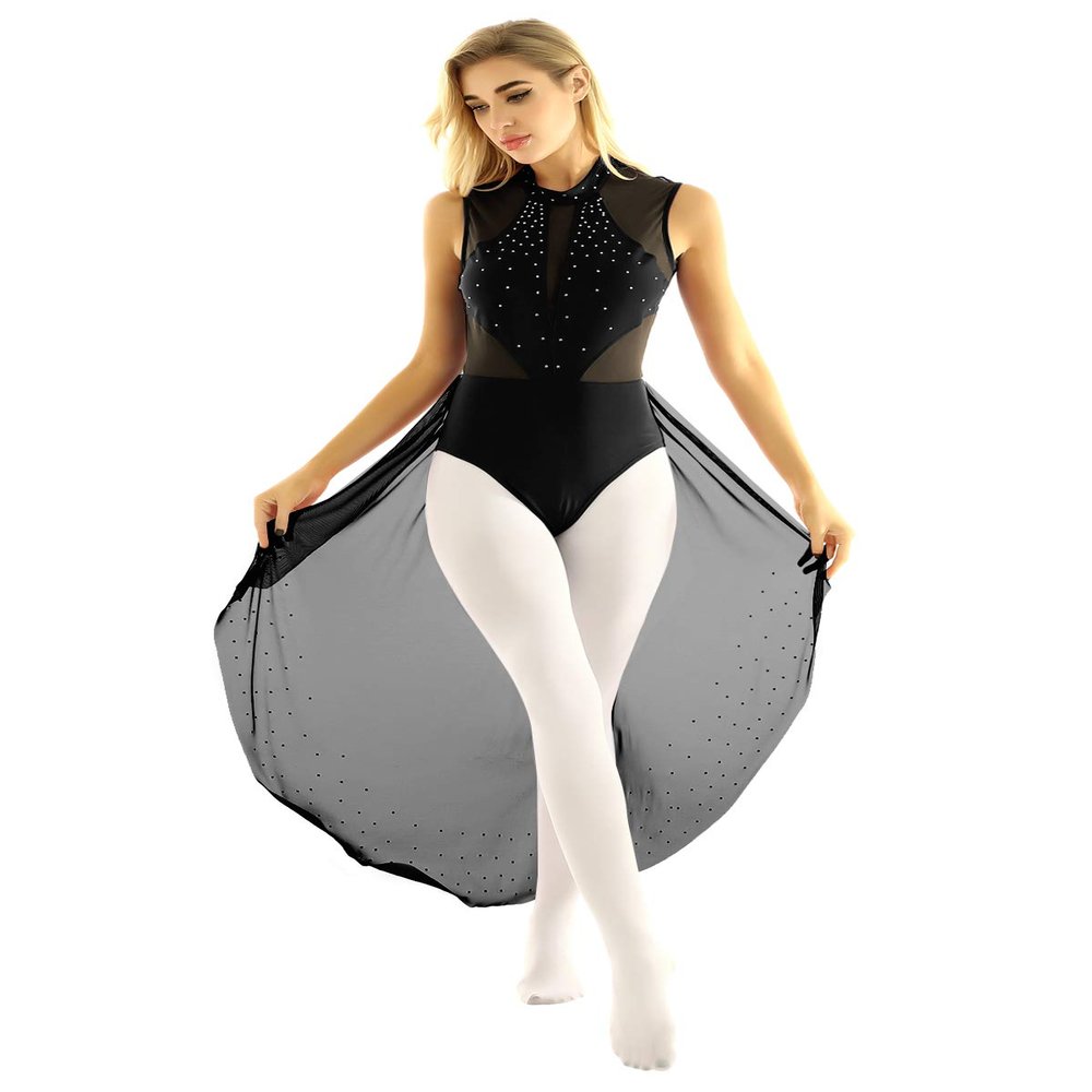 FEESHOW Women Adults Rhinestones Backless Leotard Gymnastics Bodysuit Ballet Dancewear Black X-Small