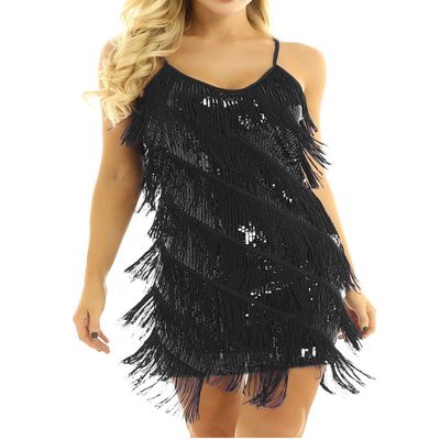 Agoky Womens Latin Rumba Tango Dance Dress Fringe Sequin Strap Backless 1920s Flapper Party Dresses Black One_Size