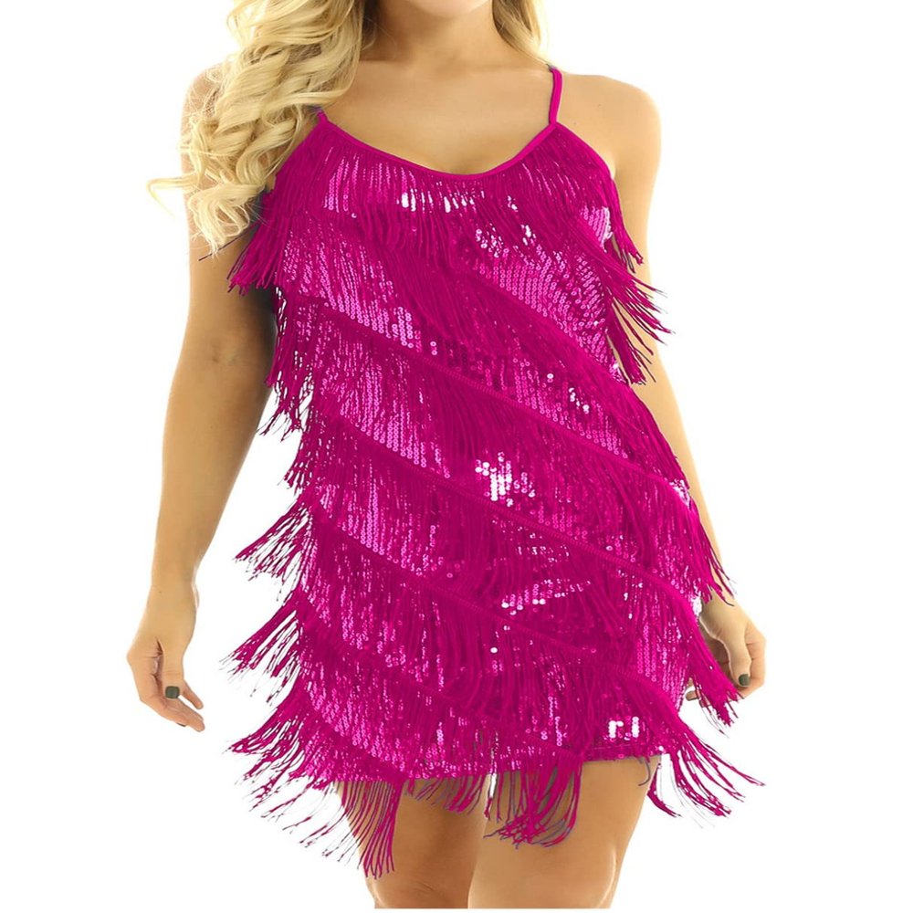 Agoky Womens Latin Rumba Tango Dance Dress Fringe Sequin Strap Backless 1920s Flapper Party Dresses Rose One_Size
