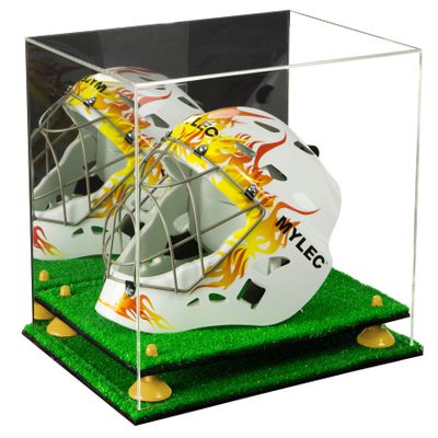 Better Display Cases Acrylic Lacrosse Helmet Display Case with Mirror, Yellow Risers and Turf Base (A002-YR)