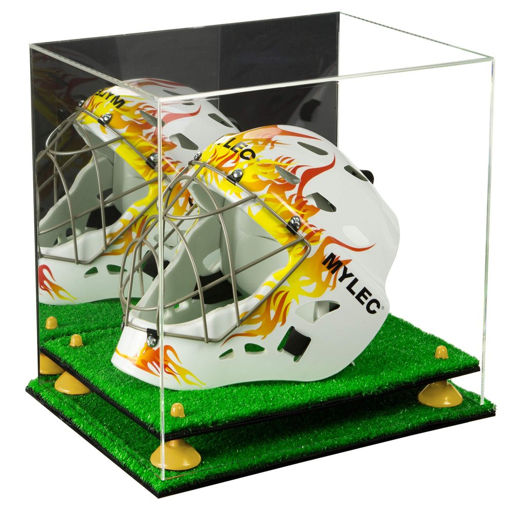 Better Display Cases Acrylic Lacrosse Helmet Display Case with Mirror, Yellow Risers and Turf Base (A002-YR)