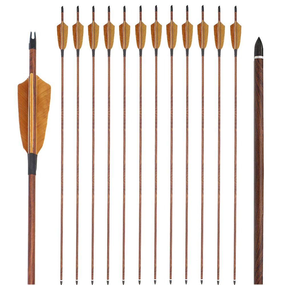 Obert 12Pcs 30 Inch Archery Carbon Arrows for Recurve Bow Compoundbow Spine400/500 with 4" Feathers Fletching & Screw-in Arrow Tips Wood Grain Shaft (Spine500)