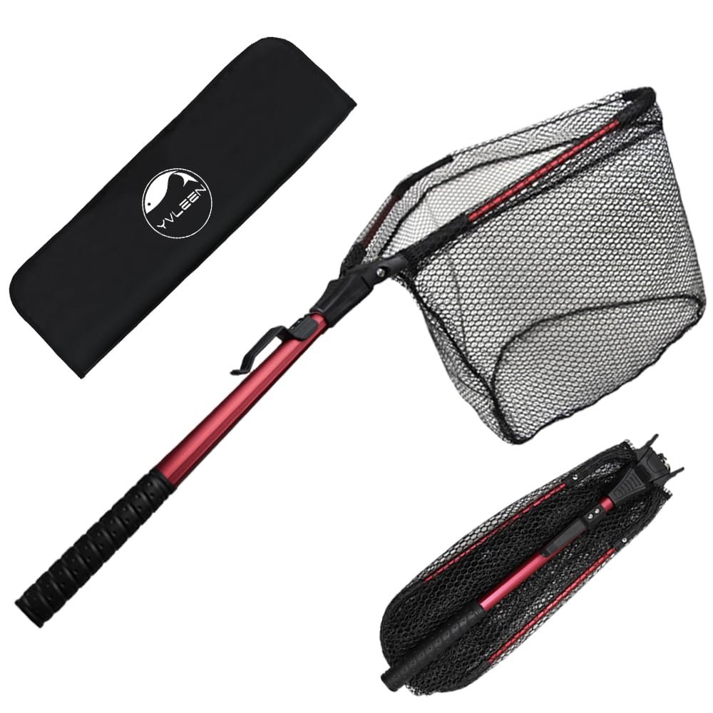 YVLEEN Folding Fishing Net - Foldable Fish Landing Net Robust Aluminum Telescopic Pole Handle and Nylon Mesh 16inch Hoop Size