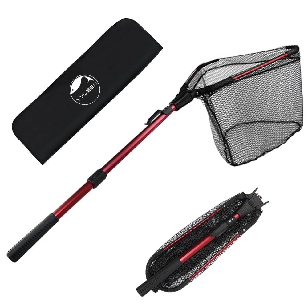 YVLEEN Folding Fishing Net - Foldable Fish Landing Net Robust Aluminum Telescopic Pole Handle and Nylon Mesh 16inch Hoop Size
