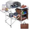 VEVOR Camping Kitchen Table, Aluminum Portable Folding Camp Cook Station with Windscreen, Cupboard, Storage Organizer, Carrying Bag, Quick Installation for Outdoor Picnic Beach BBQ RV Traveling, Brown view 1