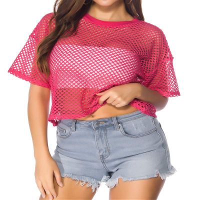 CLOZOZ Women's Mesh Crop Top See Through Fishnet Shirt Short Sleeve Crew Neck Sheer Cover Up Rose Red