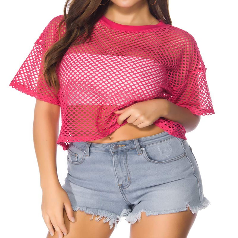 CLOZOZ Women's Mesh Crop Top See Through Fishnet Shirt Short Sleeve Crew Neck Sheer Cover Up Rose Red