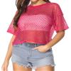 CLOZOZ Women's Mesh Crop Top See Through Fishnet Shirt Short Sleeve Crew Neck Sheer Cover Up Rose Red view 2