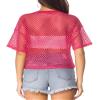 CLOZOZ Women's Mesh Crop Top See Through Fishnet Shirt Short Sleeve Crew Neck Sheer Cover Up Rose Red view 3