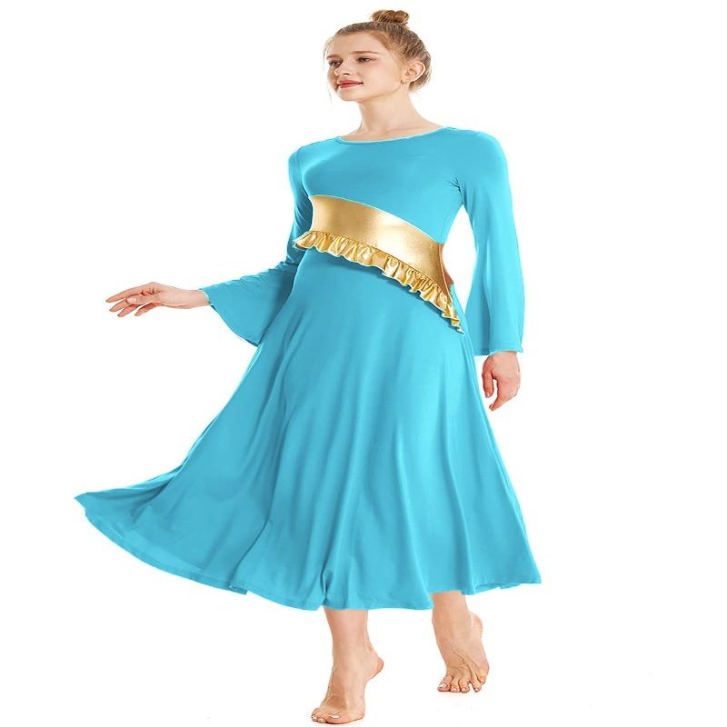 MYRISAM Women Metallic Liturgical Praise Worship Long Sleeve Dance Dress Full Length Loose Fit Ruffle Pleated Dancewear Sky Blue XL