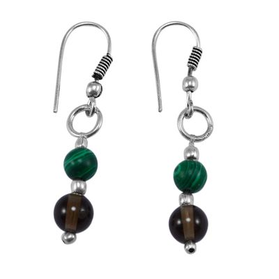 Silvesto India Malachite & Smoky Quartz Jaipur Rajasthan India Round Stone Dainty 925 Silver Plated Lightweight Handmade Jewelry Manufacturer Dangle Earring