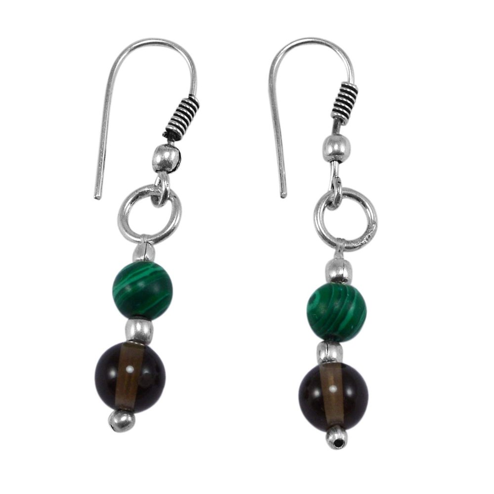 Silvesto India Malachite & Smoky Quartz Jaipur Rajasthan India Round Stone Dainty 925 Silver Plated Lightweight Handmade Jewelry Manufacturer Dangle Earring