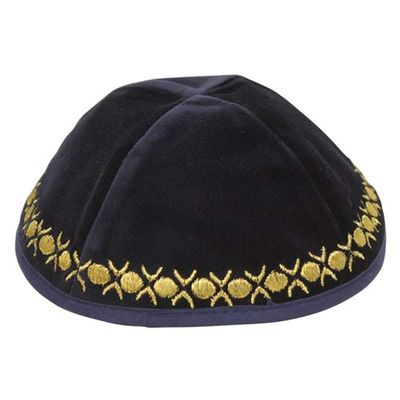 Majestic Giftware Lightweight Navy Velvet Kippah with Gold Embroidered Trim - Yarmulkah for Boys - 4 Part