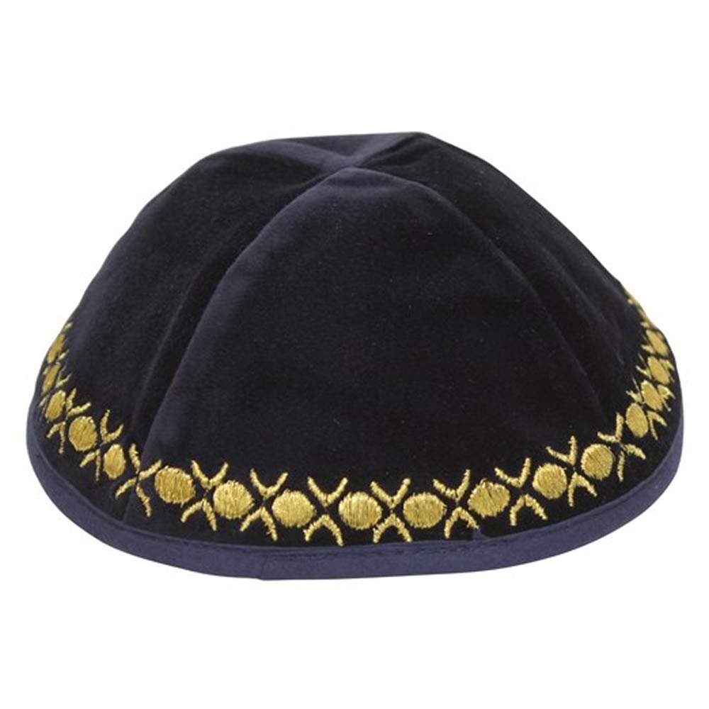 Majestic Giftware Lightweight Navy Velvet Kippah with Gold Embroidered Trim - Yarmulkah for Boys - 4 Part