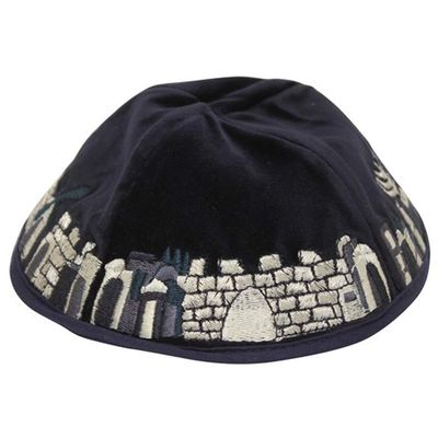 Majestic Giftware Lightweight Navy Velvet Kippah with Full Embroidered Multi-Colored Jerusalem Design Trim - Yarmulkah for Boys - 4 Part