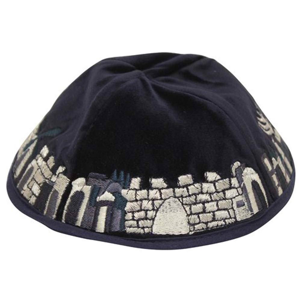 Majestic Giftware Lightweight Navy Velvet Kippah with Full Embroidered Multi-Colored Jerusalem Design Trim - Yarmulkah for Boys - 4 Part