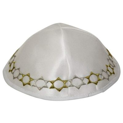 Majestic Giftware Soft White Satin Kippah with Embroidered Gold and Silver Stars of David Trim - Yarmulkah for Boys - 4 Part
