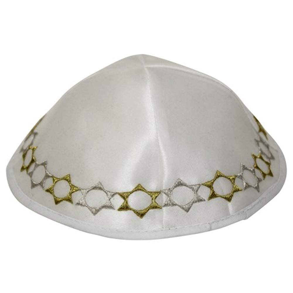 Majestic Giftware Soft White Satin Kippah with Embroidered Gold and Silver Stars of David Trim - Yarmulkah for Boys - 4 Part