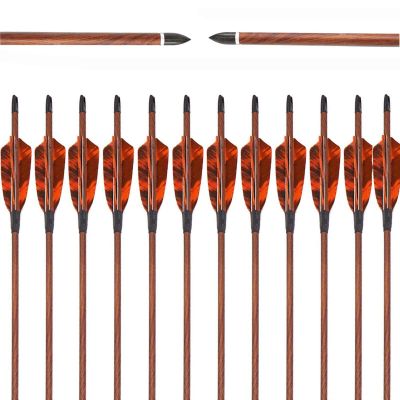 Obert 12pcs Archery Hunting Carbon Arrows 30 Inch with 4" Feathers Fletching & Replaceable Arrow Tips Wood Grain for Recurve/Compound Bow (Spine400)