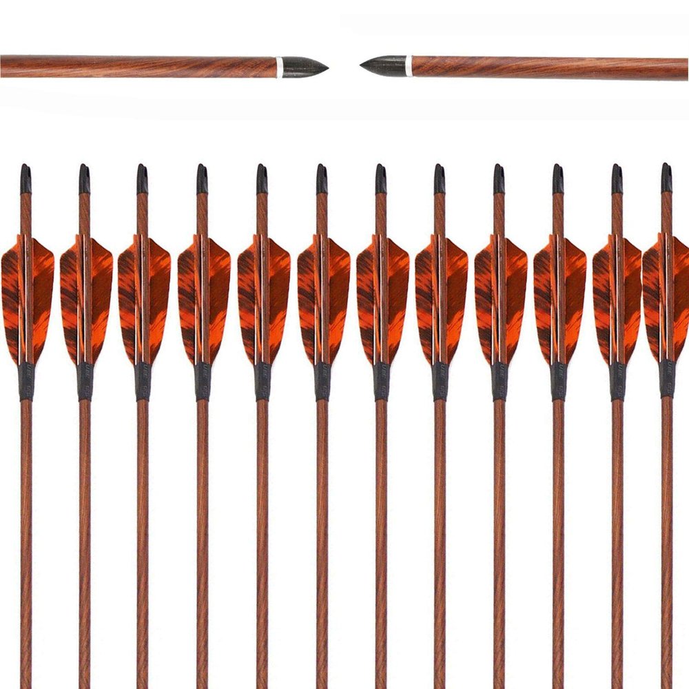 Obert 12pcs Archery Hunting Carbon Arrows 30 Inch with 4" Feathers Fletching & Replaceable Arrow Tips Wood Grain for Recurve/Compound Bow (Spine500)